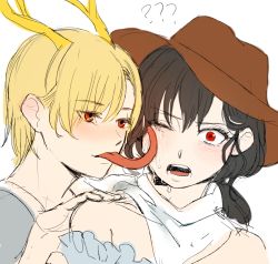 Rule 34 | 2girls, ?, antlers, bandana, bare shoulders, black hair, blonde hair, blue shirt, blush, brown headwear, commentary request, cowboy hat, dragon horns, hair between eyes, hand on another&#039;s shoulder, hat, horns, kicchou yachie, kurokoma saki, kuya (hey36253625), licking, long hair, long tongue, looking at another, looking at viewer, multiple girls, nose blush, off-shoulder shirt, off shoulder, one eye closed, open mouth, portrait, red eyes, saliva, shirt, short hair, simple background, sketch, tongue, tongue out, touhou, white background, yuri