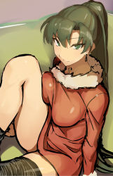 Rule 34 | 1girl, black thighhighs, blush, breast press, breasts, closed mouth, couch, earrings, fire emblem, fire emblem: the blazing blade, fur collar, fur trim, green eyes, green hair, jewelry, knee up, knees to chest, large breasts, long hair, long sleeves, looking at viewer, lyn (fire emblem), matching hair/eyes, nintendo, on couch, ponytail, red sweater, sajittari, single thighhigh, sitting, sketch, smile, solo, sweater, thighhighs, very long hair