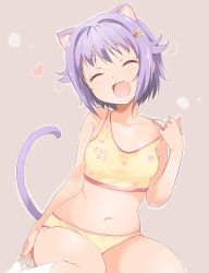 Rule 34 | 1girl, animal ears, arm at side, artist name, bare arms, bare shoulders, bed sheet, blush, breasts, cat ears, cat tail, clothes writing, collarbone, closed eyes, fang, hair ornament, hairclip, head tilt, heart, highres, idolmaster, idolmaster cinderella girls, inoue sora, kemonomimi mode, kneehighs, koshimizu sachiko, leaning to the side, light purple hair, nail polish, navel, no shoes, open mouth, orange nails, panties, pulling own clothes, round teeth, short hair, simple background, sitting, small breasts, smile, socks, solo, stomach, strap pull, tail, teeth, underwear, underwear only, wariza, white socks, yellow panties