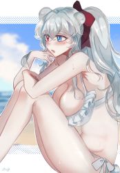Rule 34 | 1girl, animal ears, arknights, armpits, beach, bikini, blue eyes, blue sky, blush, border, breasts, cleavage, cloud, frilled swimsuit, frills, from behind, grey hair, heterochromia, highres, knees to chest, large breasts, letterboxed, long hair, navel, ocean, open mouth, red eyes, red ribbon, ribbon, rosa (arknights), samiya (hanakoro), side-tie bikini bottom, signature, sky, solo, swimsuit, water, wet, white bikini, white border