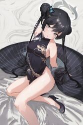 Rule 34 | 1girl, bare legs, bare shoulders, black dress, black footwear, black gloves, black hair, blue archive, breasts, butterfly hair ornament, china dress, chinese clothes, double bun, dragon print, dress, gloves, grey eyes, hair bun, hair ornament, halo, high heels, highres, kisaki (blue archive), long hair, looking at viewer, pelvic curtain, print dress, shoes, side slit, sitting, sleeveless, sleeveless dress, small breasts, solo, thighs, twintails, yoyopipa