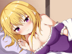 Rule 34 | 1girl, bare shoulders, blonde hair, blush, breasts, choker, cleavage, commentary request, dress, frills, guard vent jun, hair between eyes, hand up, highres, indoors, large breasts, long hair, looking at viewer, lying, no headwear, nose blush, off-shoulder dress, off shoulder, on side, pillow, purple dress, purple eyes, red choker, red ribbon, ribbon, ribbon choker, short sleeves, sidelocks, smile, solo, touhou, upper body, yakumo yukari