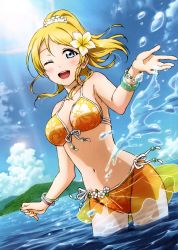 Rule 34 | 10s, 1girl, ;d, absurdres, artist request, ayase eli, bangle, bikini, blonde hair, blue eyes, blush, body blush, bracelet, breasts, cleavage, cloud, collarbone, day, dutch angle, floral print, flower, front-tie top, hair flower, hair ornament, hair scrunchie, high ponytail, highres, huge filesize, jewelry, love live!, love live! school idol festival, love live! school idol project, medium breasts, nail polish, navel, official art, one eye closed, open mouth, outdoors, partially submerged, ponytail, print bikini, scrunchie, see-through, side-tie bikini bottom, sky, smile, solo, sparkle, standing, sunlight, swimsuit, third-party edit, wading, water, water drop, yellow bikini, yellow nails