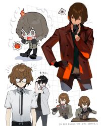 Rule 34 | akechi gorou, amamiya ren, black gloves, black hair, blush, brown eyes, brown hair, btmr game, chibi, closed eyes, closed mouth, collared shirt, eating, food, glasses, gloves, hand on own hip, highres, jacket, long sleeves, male focus, multiple boys, multiple views, necktie, opaque glasses, pants, persona, persona 5, red eyes, shirt, short sleeves, signature, simple background, sparkle, spoken squiggle, squiggle, sweat, white shirt