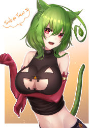 Rule 34 | 1girl, animal ear fluff, animal ears, bad id, bad pixiv id, bare shoulders, black shirt, blush, breasts, cat ears, cat girl, cat tail, cleavage, cleavage cutout, clothing cutout, commentary request, elbow gloves, gloves, gradient background, green hair, hair between eyes, halloween, head tilt, large breasts, long hair, looking at viewer, midriff, navel, open mouth, orange background, original, red eyes, red gloves, sharp teeth, shirt, sleeveless, sleeveless shirt, solo, stitches, tail, tail raised, teeth, trick or treat, upper body, white background, yukihama