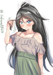 Rule 34 | 1girl, alternate costume, bad id, bad twitter id, black hair, blouse, blue eyes, commentary request, green skirt, grey shirt, hair ribbon, highres, kantai collection, katsuragi (kancolle), long hair, looking at viewer, off-shoulder blouse, one-hour drawing challenge, ponytail, ribbon, sakura ab, shirt, simple background, skirt, solo, twitter username, white background
