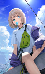 Rule 34 | 1girl, aircraft, airplane, aqua eyes, bike shorts, blouse, blue sky, blush stickers, chain-link fence, contrail, dutch angle, fanny pack, feet out of frame, fence, food, grey hair, highres, ice cream, idolmaster, idolmaster shiny colors, jacket, jacket partially removed, looking at viewer, looking down, mansu (user pnmp4287), mouth hold, purple jacket, rooftop, serizawa asahi, shiny clothes, shirt, shoes, short hair, sitting, sky, sneakers, solo, sun, sunlight, white shirt