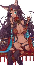 Rule 34 | 1girl, absurdres, animal ears, aqua eyes, bad id, bad twitter id, breasts, cleavage, dark-skinned female, dark skin, fate/grand order, fate (series), head chain, highres, jewelry, large breasts, long hair, looking at viewer, osanai, purple hair, queen of sheba (fate), revealing clothes, simple background, sitting, solo, thighs, white background