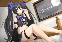 Rule 34 | 10s, 1girl, :o, bare shoulders, black hair, blush, bow, breasts, character name, detached sleeves, female focus, hair bow, hair ornament, image sample, kazenokaze, long hair, looking at viewer, medium breasts, midriff, moon, navel, neptune (series), noire (neptunia), one eye closed, open mouth, red eyes, skirt, solo, twintails, very long hair, wink