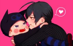 Rule 34 | 2boys, ahoge, animal ear headwear, animal ears, arm around neck, beanie, black footwear, black hair, black headwear, black jacket, black pants, black shirt, black sleeves, blue eyes, blue pants, blush, blush stickers, cat ears, danganronpa (series), danganronpa v3: killing harmony, eye contact, eyelashes, fake animal ears, fingernails, foot out of frame, frown, full-face blush, hand on another&#039;s chin, hat, heart, hoshi ryoma, hug, jacket, kogarashi 8, layered sleeves, long sleeves, looking at another, lower teeth only, male focus, mixed-language commentary, multiple boys, open mouth, pants, pink background, pinstripe pattern, pinstripe shirt, prison clothes, saihara shuichi, shirt, shoes, short hair, simple background, spoken heart, striped clothes, striped pants, striped shirt, teeth, two-tone pants, upper body, v-shaped eyes, vertical-striped clothes, vertical-striped shirt, vertical-striped sleeves, very short hair, yaoi, yellow eyes