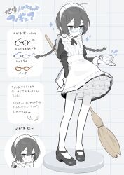 Rule 34 | 1girl, absurdres, ahoge, apron, arm behind back, black dress, black footwear, black hair, blue-framed eyewear, blush, braid, broken cup, broom, character profile, closed mouth, cup, dress, faux figurine, full body, furrowed brow, glasses, grey background, grey eyes, grid background, hand up, highres, holding, holding behind back, holding broom, holding cup, juliet sleeves, long hair, long sleeves, low twin braids, maid, maid apron, maid headdress, mary janes, multiple views, myomuron, original, pantyhose, petticoat, puffy sleeves, raised eyebrows, shoes, short dress, solo, sparkle, standing, teacup, tearing up, translation request, twin braids, white pantyhose