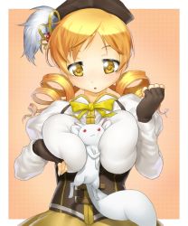 Rule 34 | 10s, 1girl, between breasts, blonde hair, breasts, drill hair, face, kyubey, large breasts, mahou shoujo madoka magica, mahou shoujo madoka magica (anime), onsoku inu, short hair, short twintails, tomoe mami, twintails, yellow eyes