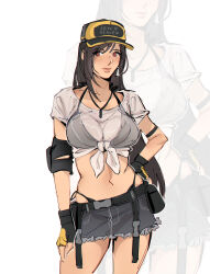 Rule 34 | 1girl, arm strap, baseball cap, belt, bikini, bikini under clothes, black belt, black bikini, black gloves, black hair, black hat, breasts, closed mouth, commentary, cowboy shot, denim, denim skirt, earrings, elbow pads, english commentary, final fantasy, final fantasy vii, final fantasy vii ever crisis, fingerless gloves, glint, gloves, grey skirt, hand on own hip, hand on own thigh, hat, highleg, highleg bikini, highres, jewelry, large breasts, long hair, looking at viewer, midriff, miniskirt, navel, official alternate costume, pudelmudel, red eyes, see-through, see-through shirt, shirt, short sleeves, side-tie bikini bottom, single earring, single elbow pad, single sidelock, skirt, solo, swimsuit, teardrop earring, tied shirt, tifa lockhart, tifa lockhart (lifeguard), two-tone gloves, two-tone headwear, white shirt, yellow gloves, yellow hat