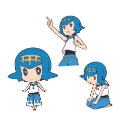 Rule 34 | 1girl, :&gt;, :o, arm up, bare arms, blue hair, blue pants, blue sailor collar, bright pupils, chibi, clenched hand, closed mouth, commentary request, creatures (company), eyelashes, freckles, game freak, grey eyes, hairband, hand up, hands on own thighs, highres, index finger raised, lana (pokemon), looking at viewer, looking up, multiple views, nintendo, no sclera, one-piece swimsuit, open mouth, pants, pokemon, pokemon sm, sailor collar, sandals, shirt, short hair, simple background, sitting, sleeveless, sleeveless shirt, smile, squid neetommy, swimsuit, swimsuit under clothes, trial captain, white background, white pupils, white shirt, yellow hairband