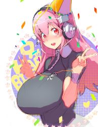 Rule 34 | 1girl, blush, breasts, confetti, double v, female focus, hat, headphones, highres, large breasts, long hair, looking at viewer, namaniku atk, nitroplus, open mouth, party hat, pink hair, red eyes, ribbon, sketch, skull and crossbones, smile, solo, streamers, super sonico, v