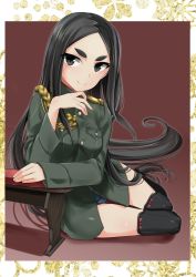 Rule 34 | 1girl, aiguillette, aohashi ame, black eyes, black footwear, black hair, blue one-piece swimsuit, boots, closed mouth, commentary, commission, epaulettes, fusou empire princess, green jacket, hand on own chin, highres, jacket, long hair, long sleeves, looking at viewer, military, military jacket, military uniform, one-piece swimsuit, outside border, school swimsuit, shadow, short eyebrows, sitting, smile, solo, strike witches zero, swimsuit, swimsuit under clothes, table, thick eyebrows, thigh boots, thighhighs, uniform, very long hair, world witches series, yokozuwari