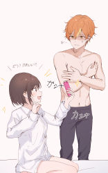 Rule 34 | 1boy, 1girl, :d, absurdres, anger vein, brown hair, cellphone, collarbone, collared shirt, copyright request, covering privates, covering chest, highres, looking at another, navel, open mouth, orange hair, pants, phone, seiza, selfie, shirt, short hair, sitting, smartphone, smile, sparkle, stomach, tokkyu, translation request, v, white shirt