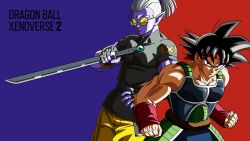 Rule 34 | 2boys, aqua leggings, arm guards, artist request, bandana, bardock, belt, black belt, black eyes, black hair, bracer, character logo, clenched hands, colored skin, copyright name, covered pectorals, cross scar, demon boy, dragon ball, dragon ball xenoverse, dragonball z, english text, facial scar, fingerless gloves, fu (dragon ball), game cg, glasses, gloves, grey shirt, highres, holding, holding sword, holding weapon, loading screen, looking at another, looking at viewer, looking down, looking to the side, male focus, monkey boy, monkey tail, multiple boys, muscular, muscular male, ninjatou, official art, official wallpaper, pants, pointy ears, ponytail, purple background, purple belt, purple skin, red background, red bandana, red eyes, round eyewear, saiyan, saiyan armor, scar, scar on cheek, scar on face, scene reference, shirt, short hair, short sleeves, short sword, smirk, spiked hair, sword, tail, tail around waist, third-party source, tinted eyewear, two-tone background, undercut, weapon, white hair, yellow-tinted eyewear, yellow pants