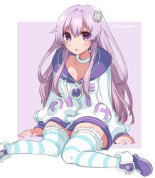 Rule 34 | 1girl, cosplay, d-pad, d-pad hair ornament, dress, hair ornament, haruna (citrus love i), highres, long hair, nepgear, neptune (neptunia), neptune (neptunia) (cosplay), neptune (series), open mouth, purple eyes, purple hair, sailor dress, smile, striped clothes, striped legwear, striped thighhighs, thighhighs, tongue, tongue out, twitter username