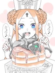 Rule 34 | 1girl, abigail williams (fate), abigail williams (swimsuit foreigner) (fate), abigail williams (swimsuit foreigner) (second ascension) (fate), bare shoulders, black cat, blonde hair, blue eyes, blush, braid, braided bun, breasts, cat, double bun, fate/grand order, fate (series), food, forehead, hair bun, hat, itomachi akine, keyhole, long hair, mitre, music, one-piece swimsuit, open mouth, pancake, parted bangs, sidelocks, singing, small breasts, speech bubble, swimsuit, syrup, translation request, twintails, very long hair, white headwear, white one-piece swimsuit