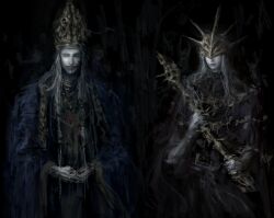Rule 34 | 2boys, absurdres, aldrich devourer of gods, all lee24, black dress, blood, blood on face, closed mouth, covered eyes, dark souls (series), dark souls iii, dark sun gwyndolin, dress, evil grin, evil smile, facing viewer, gold headwear, graphite (medium), grey hair, grin, hat, helmet, highres, holding, holding staff, long hair, looking at viewer, multiple boys, own hands together, simple background, smile, spiked helmet, staff, traditional media, white hair