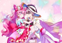 Rule 34 | 1boy, 1girl, belt, black belt, black bow, black bowtie, black pepper (precure), blue eyes, blush, boots, bow, bowtie, cape, carrying, cone hair bun, couple, cure precious, delicious party precure, dress, earrings, elbow gloves, embarrassed, floating hair, flower, gloves, grey hair, hair bow, hair bun, hair flower, hair ornament, hat, hetero, jacket, jewelry, knee boots, kyoutsuugengo, layered dress, long hair, long sleeves, mask, open clothes, open jacket, pants, pink hair, precure, princess carry, purple eyes, red bow, red socks, shirt, short hair, socks, standing, sweatdrop, very long hair, white bow, white cape, white flower, white footwear, white gloves, white headwear, white jacket, white pants, white shirt