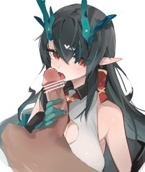 Rule 34 | 1boy, 1girl, alternate breast size, arknights, arm tattoo, bar censor, black collar, black hair, blush, breasts, censored, china dress, chinese clothes, cleavage, collar, colored skin, cropped torso, dragon horns, dress, dusk (arknights), ear piercing, erection, fellatio, green hair, green skin, hair between eyes, heart, hetero, highres, horns, large breasts, licking, licking penis, long hair, looking at viewer, mikozin, multicolored hair, necktie, oral, penis, penis grab, piercing, pointy ears, pov, red eyes, red necktie, saliva, simple background, sleeveless, sleeveless dress, solo focus, streaked hair, tattoo, white background, white dress