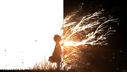 Rule 34 | 1girl, animal ears, branch, cat ears, cat girl, cat tail, from side, grass, highres, original, rune xiao, scenery, shadow, short hair, signature, silhouette, sky, solo, standing, tail