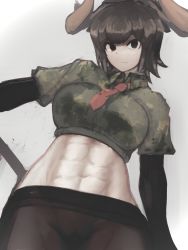 Rule 34 | 1girl, abs, arm at side, aurochs (kemono friends), black eyes, breasts, brown hair, brown pantyhose, camouflage, camouflage shirt, closed mouth, collared shirt, cow horns, cropped shirt, dutch angle, empty eyes, groin, horns, kemono friends, large breasts, layered sleeves, long sleeves, looking at viewer, medium hair, midriff, necktie, no panties, no pants, outstretched arm, pantyhose, railing, red necktie, see-through, shibori kasu, shirt, short over long sleeves, short sleeves, sketch, solo, stomach, toned, wing collar