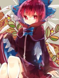 Rule 34 | 1girl, blue bow, blue cape, bow, cape, commentary, expressionless, feet out of frame, hair bow, highres, holding, holding cape, holding clothes, leaf, long sleeves, looking at viewer, nikorashi-ka, one-hour drawing challenge, red cape, red eyes, red hair, red shirt, red skirt, sekibanki, shirt, short hair, sitting, skirt, solo, touhou, two-tone cape