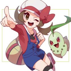 Rule 34 | 1girl, ;d, bag, blue overalls, bow, brown eyes, brown hair, cabbie hat, chikorita, creatures (company), game freak, gen 2 pokemon, hat, hat bow, highres, leg up, looking at viewer, lyra (pokemon), nintendo, omochi (omotimotittona3), one eye closed, open mouth, overalls, pokemon, pokemon (creature), pokemon hgss, red bow, red shirt, shirt, shoulder bag, smile, solo, teeth, thighhighs, twintails, white hat, yellow bag