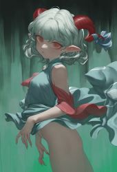 Rule 34 | 1girl, :o, bare shoulders, cowboy shot, eyebrows hidden by hair, from side, head tilt, highres, horns, looking at viewer, ni (221), no panties, pointy ears, red eyes, short hair, silver hair, simple background, solo, touhou, toutetsu yuuma, wind, wind lift
