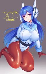 Rule 34 | 1girl, blue bow, blue bowtie, blue hair, bodysuit, bodysuit under clothes, bow, bowtie, breasts, character name, collared shirt, covered erect nipples, dated, girls&#039; frontline, gradient background, highres, large breasts, leaning to the side, mechanical ears, michi kuso, pantyhose, red eyes, shirt, signature, sitting, skin tight, solo, tar-21 (girls&#039; frontline)