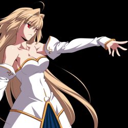 Rule 34 | 00s, 1girl, ahoge, archetype earth, arcueid brunestud, bad id, bad pixiv id, bare shoulders, blonde hair, breasts, cleavage, detached sleeves, dress, large breasts, long hair, melty blood, outstretched arm, outstretched hand, red eyes, simple background, solo, strapless, strapless dress, takeuchi takashi, tsukihime, type-moon, very long hair