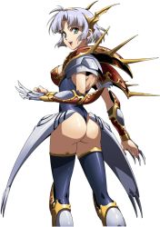 Rule 34 | 1girl, :d, armor, ass, black leotard, black thighhighs, blue eyes, breasts, claw (weapon), faulds, from behind, full body, hairband, highleg, highleg leotard, highres, langrisser, langrisser ii, leotard, looking at viewer, looking back, medium breasts, official art, open mouth, sherry (langrisser), shiny clothes, shiny legwear, short hair, shoulder blades, sideboob, silver hair, smile, solo, standing, thighhighs, transparent background, weapon, yellow hairband