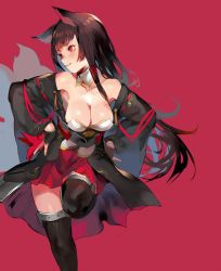 Rule 34 | 1girl, akagi (azur lane), animal ears, azur lane, bad id, bad pixiv id, bare shoulders, black gloves, black hair, black thighhighs, blunt bangs, breasts, cleavage, detached collar, eyeliner, fingerless gloves, fox ears, gloves, hair ornament, hands on own hips, highres, large breasts, leaning forward, leg up, long hair, looking away, magaeshi, makeup, multiple tails, parted lips, pink background, pleated skirt, red eyes, ribbon-trimmed sleeves, ribbon trim, sidelocks, simple background, skirt, slit pupils, solo, tail, thighhighs, tsurime, very long hair, wide sleeves