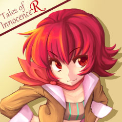 Rule 34 | 1girl, alfa system, bad id, bad pixiv id, coat, copyright name, flipped hair, hourou, iria animi, red eyes, red hair, scarf, short hair, smile, solo, tales of (series), tales of innocence, yellow background