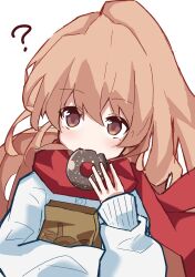 Rule 34 | 1girl, ?, aisaka taiga, bag, brown eyes, brown hair, commentary request, doughnut, eating, fang, food, food in mouth, hair between eyes, highres, jacket, ko su kaa, light blush, long hair, long sleeves, looking at viewer, paper bag, partial commentary, red scarf, scarf, simple background, skin fang, solo, toradora!, upper body, white background, white jacket, winter clothes