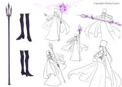 Rule 34 | 1girl, cape, character sheet, crossed arms, dress, english text, hat, high heels, long hair, monaka (siromona), open mouth, polearm, purple theme, simple background, solo, staff, the evil queen (gnr), the girl and the robot, trident, weapon, white background
