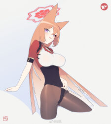 Rule 34 | 1girl, animal ears, blue archive, breasts, brown hair, brown pantyhose, cameltoe, china dress, chinese clothes, dress, fox ears, halo, large breasts, licking lips, long hair, pantyhose, purple eyes, rumi (blue archive), short sleeves, solo, tongue, tongue out, yan wan