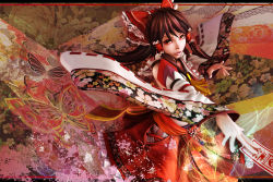 Rule 34 | 1girl, 3d, alternate costume, bow, brown hair, bug, butterfly, female focus, floral print, hair bow, hakurei reimu, insect, japanese clothes, letterboxed, lips, miko, modama, ofuda, orange eyes, skirt, solo, touhou, wide sleeves