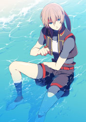 Rule 34 | 10s, 1boy, aqua background, armor, bad id, bad pixiv id, bandages, barefoot, blue eyes, brown hair, chest plate, eterno, feet, gensou suikoden, gensou suikoden iv, headband, lazlo (gensou suikoden), male focus, short hair, shorts, soaking feet, solo, water