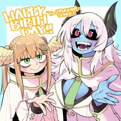 Rule 34 | 2girls, absurdres, ahoge, angel and devil, aohada bocchi, birthday, black horns, blonde hair, blue skin, blush, borrowed character, breasts, cleavage, cloak, colored skin, english text, eyebrows, green eyes, happy birthday, head wings, highres, horns, kanke (kank06020602), large breasts, lian (aohada bocchi), looking at viewer, multiple girls, necktie, open hands, open mouth, pointy ears, ruri (aohada bocchi), school uniform, sharp teeth, smile, teeth, twintails, white cloak, wings