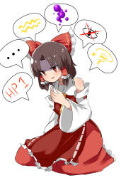 Rule 34 | ..., 1girl, benikurage (cookie), blush, bow, brown eyes, brown hair, collar, commentary request, cookie (touhou), dress, frilled bow, frilled collar, frilled hair tubes, frills, full body, hair bow, hair tubes, hakurei reimu, highres, kneeling, looking down, necktie, open mouth, parted bangs, red bow, red dress, red skirt, shaded face, short hair, simple background, skirt, solo, spoken ellipsis, spoken squiggle, squiggle, touhou, white background, yellow necktie, yumekamaborosh