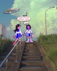 Rule 34 | 2girls, bag, black hair, blue sailor collar, blue skirt, closed mouth, cloud, colored skin, commentary, day, english commentary, english text, hair ornament, hairclip, hand on railing, holding, holding bag, kurata tome, lamppost, long hair, long sleeves, mob psycho 100, multiple girls, outdoors, paper bag, photo background, pink skin, pleated skirt, quiniiby, railing, red footwear, sailor collar, school uniform, serafuku, shirt, shoes, skirt, smile, sneakers, speech bubble, stairs, standing, takane tsubomi, ufo, walking, white footwear, white shirt