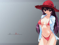 Rule 34 | 1girl, bikini, covered erect nipples, grimm&#039;s fairy tales, hat, inu777, little red riding hood, little red riding hood (grimm), open clothes, open shirt, purple eyes, purple hair, red bikini, shirt, solo, straw hat, swimsuit, third-party source, wallpaper