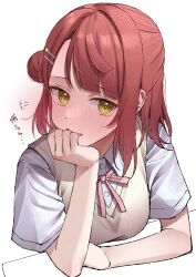 Rule 34 | absurdres, arm rest, blunt bangs, blush, breasts, brown hair, character request, copyright request, cropped torso, hair bun, hand on own chin, highres, looking at viewer, medium breasts, mugumugu r, nose blush, school uniform, shirt, simple background, single side bun, translation request, vest, white background, white shirt, yellow vest