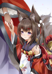 Rule 34 | 2girls, amagi-chan (azur lane), amagi (azur lane), animal ears, azur lane, bare shoulders, blush, bridal gauntlets, brown hair, brown tail, cherry blossom print, closed mouth, coat, commentary, cowboy shot, floral print, fox ears, fox girl, fox tail, hair between eyes, hair intakes, highres, holding hands, japanese clothes, kimono, kitsune, kyuubi, long hair, long sleeves, looking at viewer, lower body, manjuu (azur lane), minase tamaki, multiple girls, multiple tails, off shoulder, out of frame, purple eyes, purple kimono, red coat, red pupils, ribbon, rope, shimenawa, sidelocks, sleeveless, sleeveless kimono, smile, solo focus, standing, tail, thick eyebrows, twintails, wide sleeves