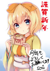 Rule 34 | 1girl, blonde hair, blue background, blue eyes, bow, breasts, chinese zodiac, commentary request, ema, gochuumon wa usagi desu ka?, gradient background, hair bow, hands up, happy new year, head tilt, holding, japanese clothes, kimono, kirima syaro, long sleeves, looking at viewer, new year, obi, orange bow, parted lips, sash, short hair, small breasts, solo, sou (soutennkouchi), upper body, white background, wide sleeves, year of the pig, yellow kimono