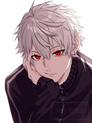 1boy black_jacket commentary_request earrings grey_hair highres hoop_earrings jacket jewelry kougi_hiroshi kuzuha_(1st_costume)_(nijisanji) kuzuha_(nijisanji) long_sleeves looking_at_viewer male_focus mole mole_under_eye nijisanji pointy_ears red_eyes short_hair simple_background sleeves_past_wrists solo stud_earrings track_jacket upper_body virtual_youtuber watermark white_background